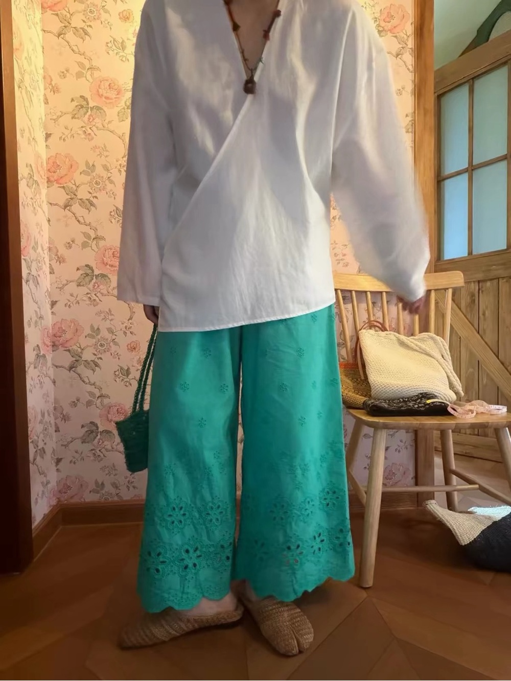 Turquoise Eyelet Wide-Leg Pants